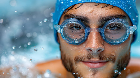 close-up shot of swimmer's face, wearing blue goggles and swim cap. goggles are covered with water droplets, and blurred background highlights swimmer's intense focus and determination AI generatedの素材