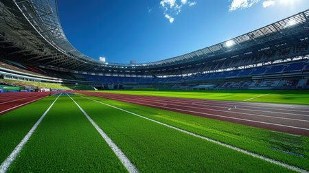 Empty running track inside a football stadium is usually a circular pathway surrounding field. AI generatedの素材