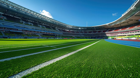 Empty running track inside a football stadium is usually a circular pathway surrounding field. AI generatedの素材