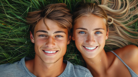 Lovely couple together. Romantic male and female looking each other into eyes and happy. Beautiful couple in love standing face to face.の素材