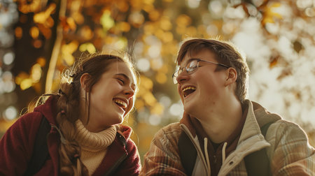 Lovely couple together. Romantic male and female looking each other into eyes and happy. Beautiful couple in love standing face to face.の素材