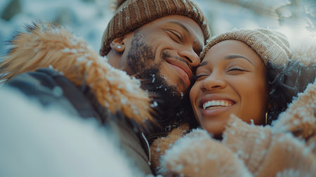 Lovely couple together. Romantic male and female looking each other into eyes and happy. Beautiful couple in love standing face to face.の素材