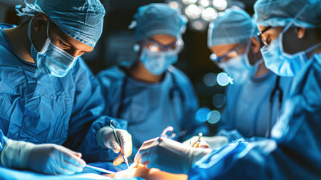 a group of surgeons in special blue clothes stand around an operating table in a hospital and perform an operation on a patientの素材