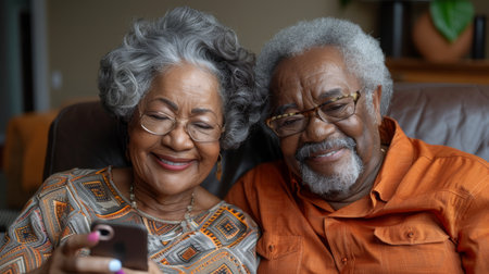 Happy active african senior couple having fun indoors use mobile phones. Portrait of an elderly couple together.AI generatedの素材