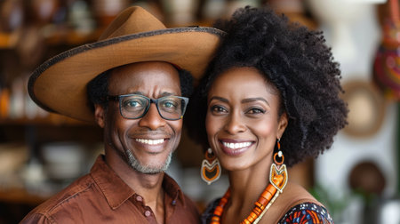 Happy active senior couple having fun outdoors. Portrait of an elderly couple together.AI generatedの素材