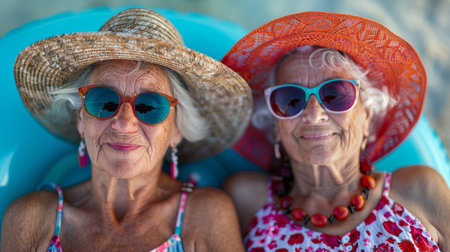 Happy and funny cool old lady with fashionable clothes portrait on colored summer background. Youthful grandmother with extravagant style, concepts about lifestyle. AI generatedの素材