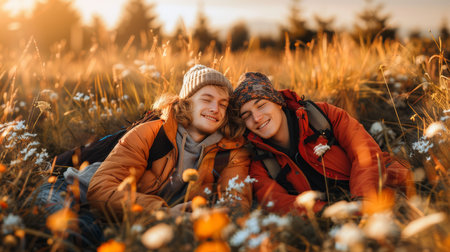 Two young man couple hugging each other. AI generatedの素材