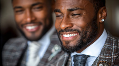 Two man couple hugging each other. happy gays just got married, smiling and celebrating. AI generatedの素材