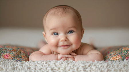 A joyful boy is sitting on the floor and laughing with his head tilted with curly hair and plump cheeks. Cute, happy and smiling little boy. AI generatedの素材
