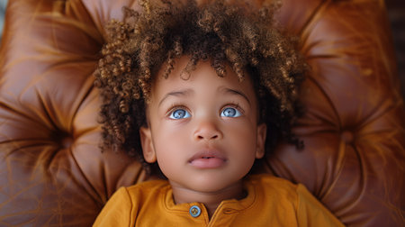 A joyful boy is sitting on the floor and laughing with his head tilted with curly hair and plump cheeks. Cute, happy and smiling little boy. AI generatedの素材