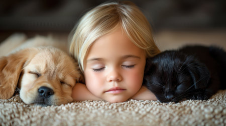 little girl is happy with her beloved dog. AI generatedの素材