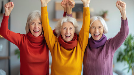 Overjoyed mature grey-haired Caucasian people have fun enjoy time together. happy elderly in living room, senior smiling and happy together to make activityの素材