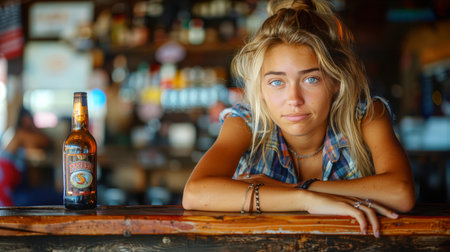 Beautiful young woman with glass and bottle of wine. lonely drinking woman as a social problem. Mental health and female alcoholism. AI generatedの素材
