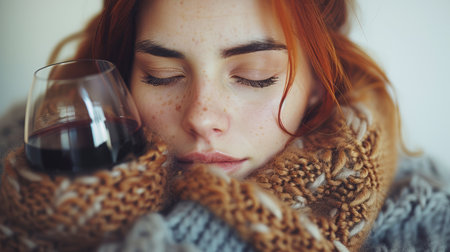 Beautiful young woman with glass and bottle of wine. lonely drinking woman as a social problem. Mental health and female alcoholism. AI generatedの素材