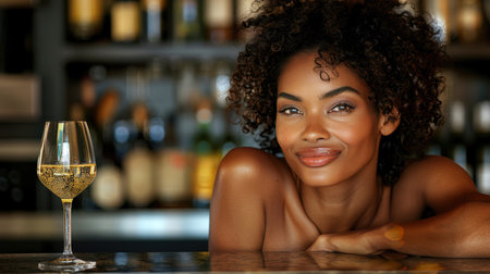 Beautiful young woman with glass and bottle of wine. lonely drinking woman as a social problem. Mental health and female alcoholism. AI generatedの素材