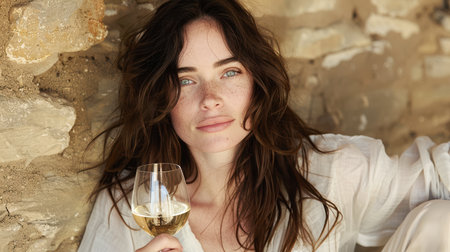 mature woman drinking wine at home. Old middle aged lady holding glass sit at kitchen table. the problem of female alcoholism, mental state and loneliness.の素材