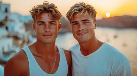 excited gay man holding hands of bearded boyfriend and laughing on gray backdrop, same-sex couple. Happy people celebrateの素材