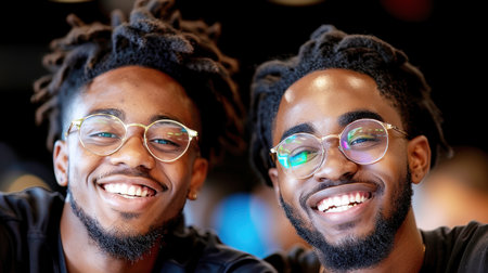 excited gay man holding hands of bearded boyfriend and laughing on gray backdrop, same-sex couple. Happy people celebrateの素材