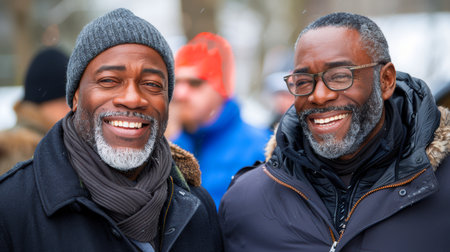 excited gay man holding hands of bearded boyfriend and laughing on gray backdrop, same-sex couple. Happy people celebrateの素材