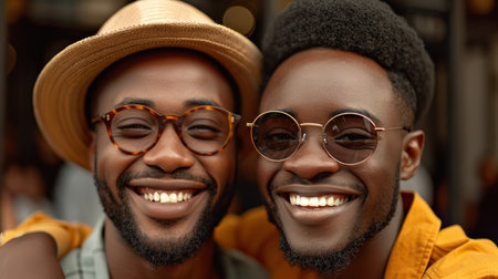 excited gay man holding hands of bearded boyfriend and laughing on gray backdrop, same-sex couple. Happy people celebrateの素材