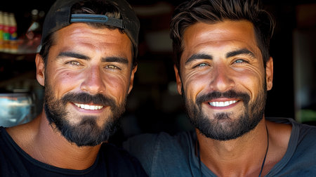 excited gay man holding hands of bearded boyfriend and laughing on gray backdrop, same-sex couple. Happy people celebrateの素材