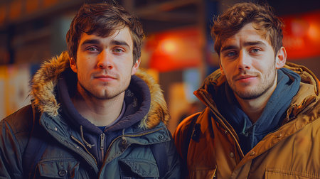 excited gay man holding hands of bearded boyfriend and laughing on gray backdrop, same-sex couple. Happy people celebrateの素材