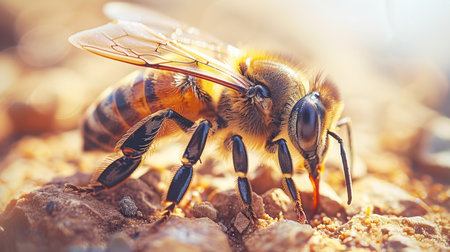 female dark sweat bee Halictus sp pollinating and feeding on yellow yarrow flowers. Macro.bee sits on a honeycomb with honey.の素材