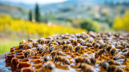 female dark sweat bee Halictus sp pollinating and feeding on yellow yarrow flowers. Macro.bee sits on a honeycomb with honey.の素材