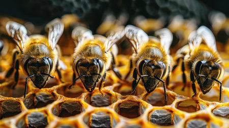 female dark sweat bee Halictus sp pollinating and feeding on yellow yarrow flowers. Macro.bee sits on a honeycomb with honey.の素材