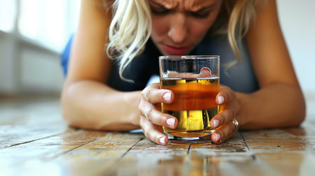 drunk woman Alcohol addiction, depression and loneliness in women. tragedy and nervous breakdowns due to alcohol addictionの素材