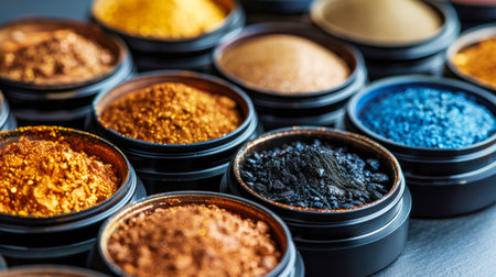 Eye shadow with brush on white background. large bright set of decorative cosmetics for the face, bright multi-colored shadows, brushes, creamの素材