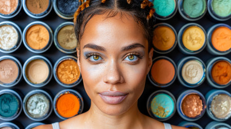 Eye shadow with brush on white background. large bright set of decorative cosmetics for the face, bright multi-colored shadows, brushes, creamの素材
