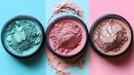 Eye shadow with brush on white background. large bright set of decorative cosmetics for the face, bright multi-colored shadows, brushes, creamの素材