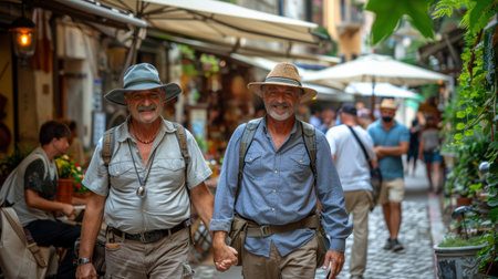 gay couple in love happy to be together. they hold hands and smile they are happy to do something together, walk, cook, workの素材