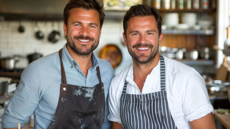 gay couple in love happy to be together. they hold hands and smile they are happy to do something together, walk, cook, workの素材