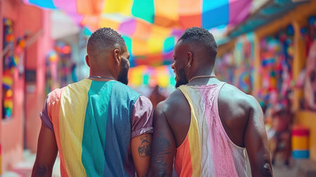 gay couple in love happy to be together. they hold hands and smile they are happy to do something together, walk, cook, workの素材