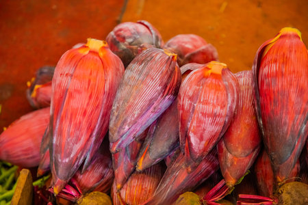 A bunch of large red buds of banana palm flowers lie on a market counter in Sri Lanka, fresh and ready for sale. Asian cuisine and ingredient natural backgroundの写真素材