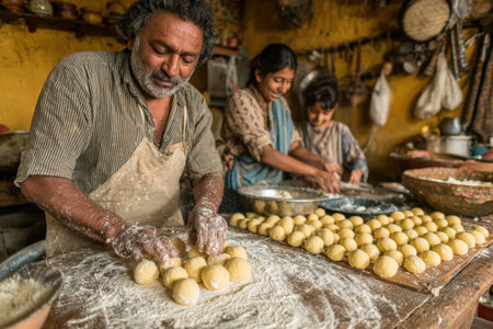 Man and woman are preparing dough in a rustic kitchen, surrounded by family, showcasing traditional cooking techniques and warm ambiance.の素材