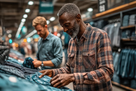 Senior man is browsing clothing in a retail store, examining fabric textures, while a young man shops in the background, creating a lively atmosphere.の素材