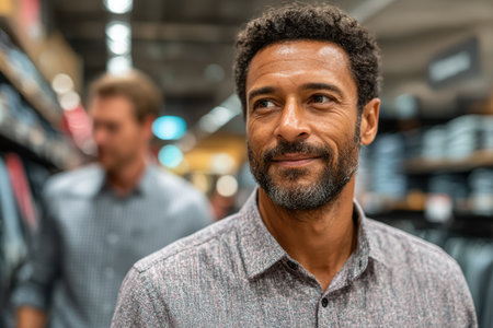Smiling african american man is shopping in a retail store, surrounded by shelves filled with various products, showcasing a relaxed atmosphere.の素材