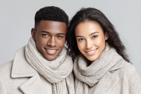 Smiling couple dressed in warm winter attire, featuring soft neutral colors and cozy scarves, radiating warmth and togetherness in a serene setting.の素材