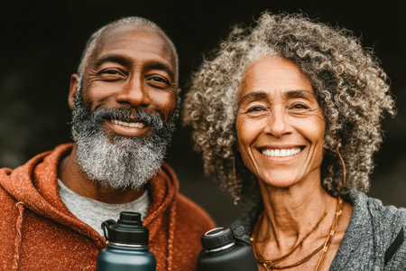 Smiling couple is holding reusable water bottles in an outdoor setting, surrounded by nature, showing a healthy lifestyle and connection.の素材