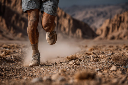 Athletic male runner is sprinting along a dusty trail, surrounded by rugged mountains and dry landscape, showing determination and strength.の素材