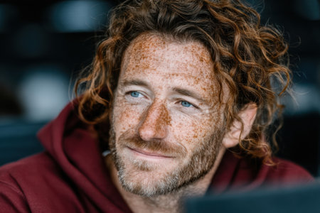 Male with curly hair and freckles is smiling while wearing a casual hoodie, showcasing a relaxed and friendly demeanor in a soft-focus background.の素材