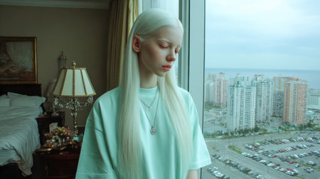 Young woman with long white hair is gazing thoughtfully out a window in a modern hotel room, overlooking a cityscape and ocean view.の素材