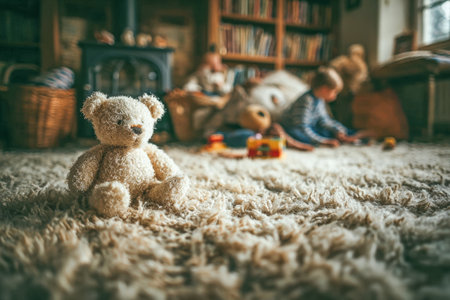 Plush teddy bear sits on soft rug in a warm living room, while children play nearby, creating a joyful and inviting atmosphere.の素材