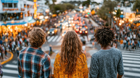 Group of friends stands together, watching a bustling street filled with cars and pedestrians, illuminated by warm sunset lights.の素材