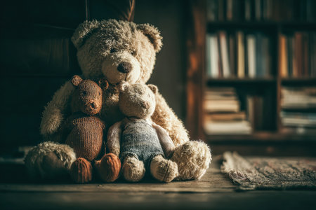 Soft plush teddy bears are sitting together on a wooden floor, surrounded by a warm and inviting room filled with books and nostalgia.の素材