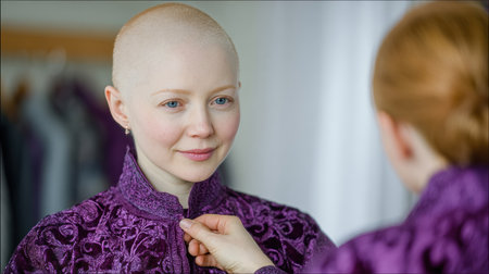 Woman with shaved head is adjusting a purple garment in a bright dressing room, reflecting a moment of personal style and confidence.の素材