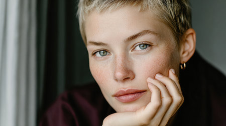 Close-up portrait of a young woman with short hair, resting her chin on her hand, showing natural beauty and a contemplative mood.の素材